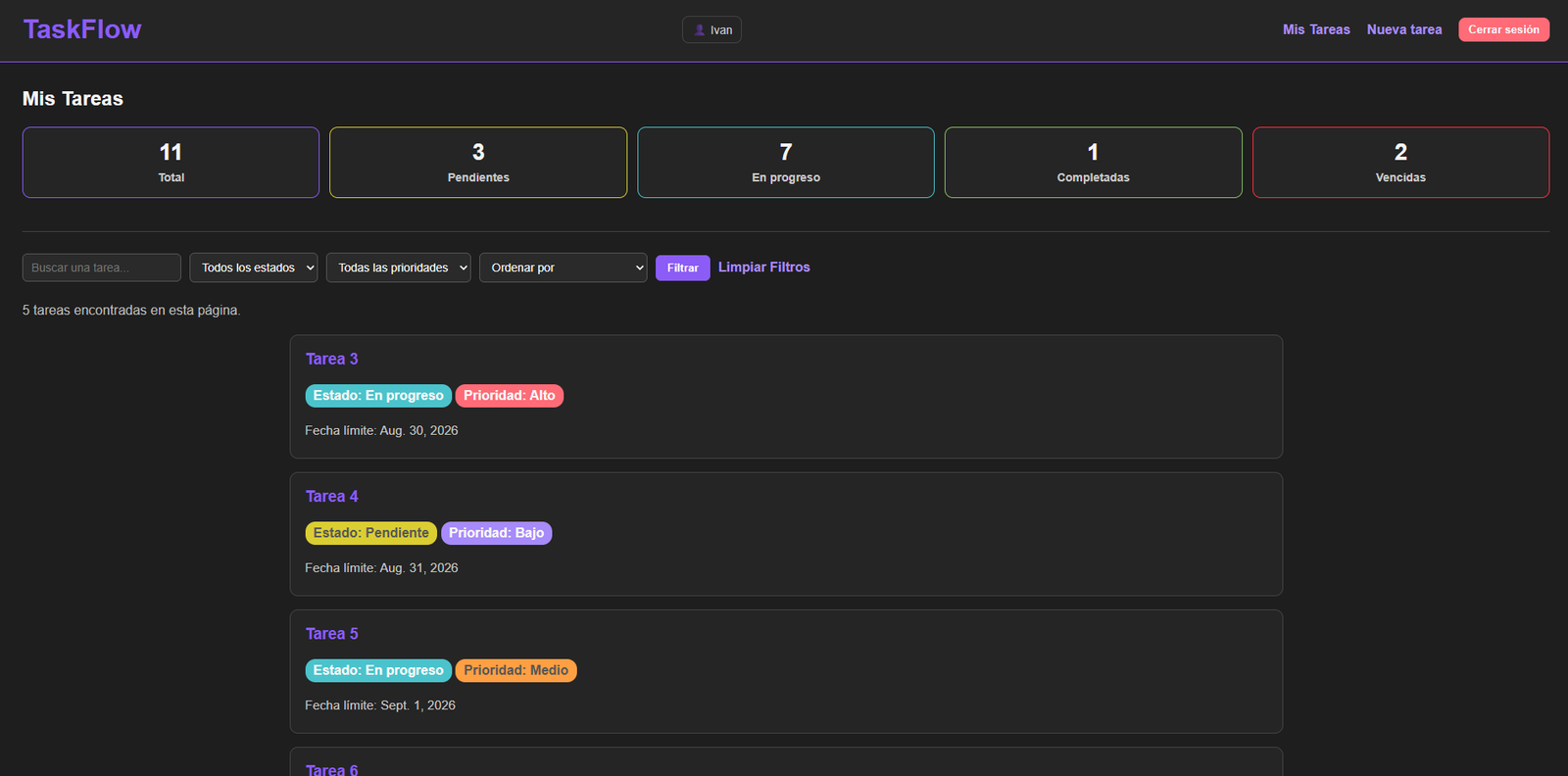 Vista principal de TaskFlow